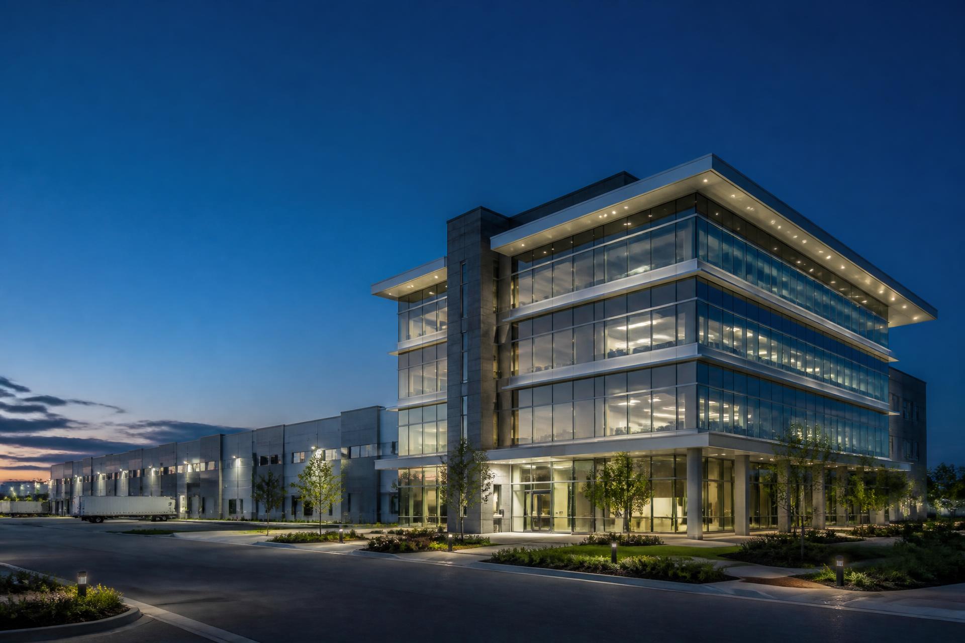 Modern commercial office building and distribution facility at dusk